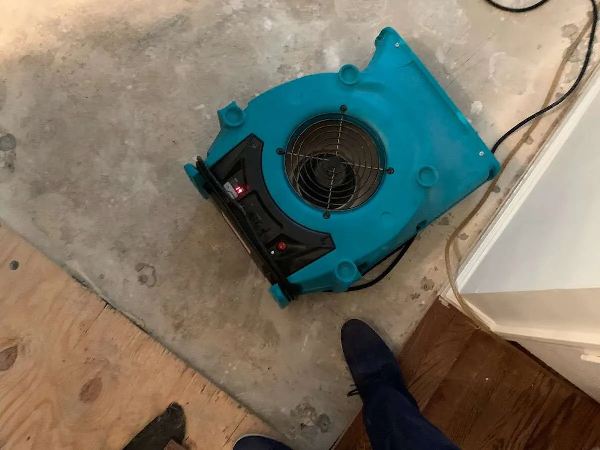 Air mover drying subfloor during Commercial Water Damage Restoration in Piney Green